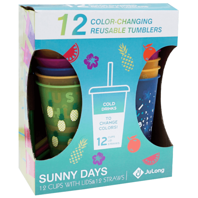 Set 12 pahare reutilizabile cu capac si pai, schimbare culoare